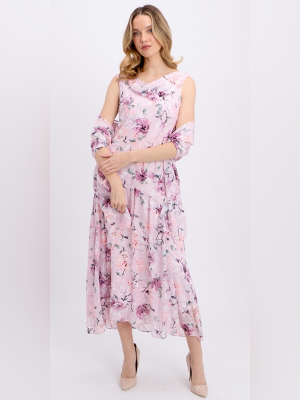 ALEX EVENINGS Floral A-Line Cowl Neck Summer Wedding Dress with Shawl Sz 8